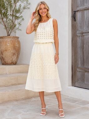 Eyelet Light Yellow Midi Skirt Set - Sz L